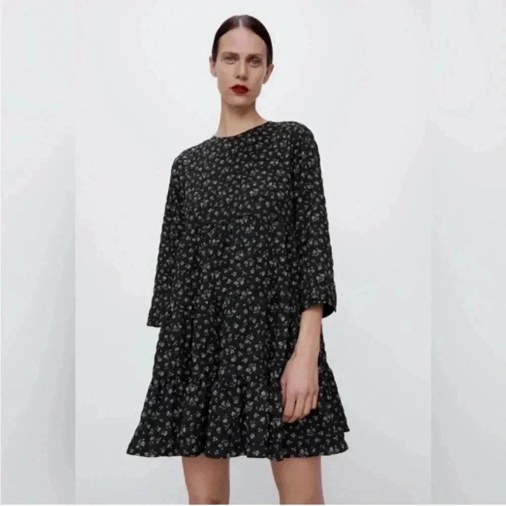 ZARA Mini Dress - Black Floral Balloon Sleeves Ruffle Dress (Size M)
